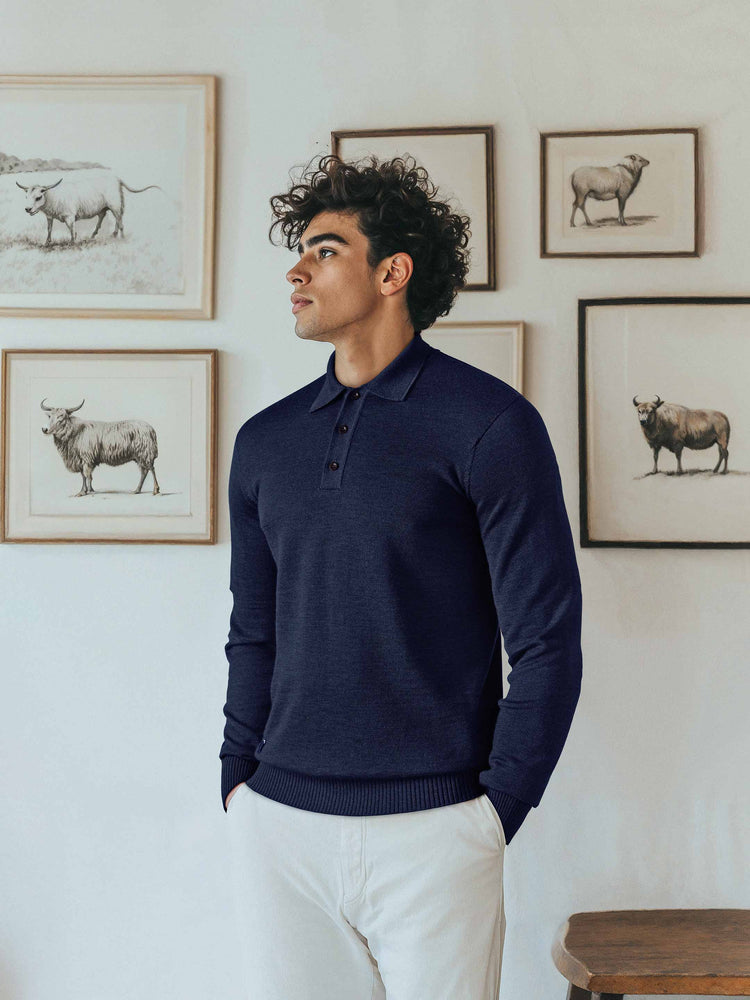 The Long Sleeve Knitted Polo Atlantic Blue Image
