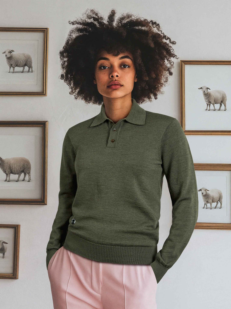 The Long Sleeve Knitted Polo Moss Green Image