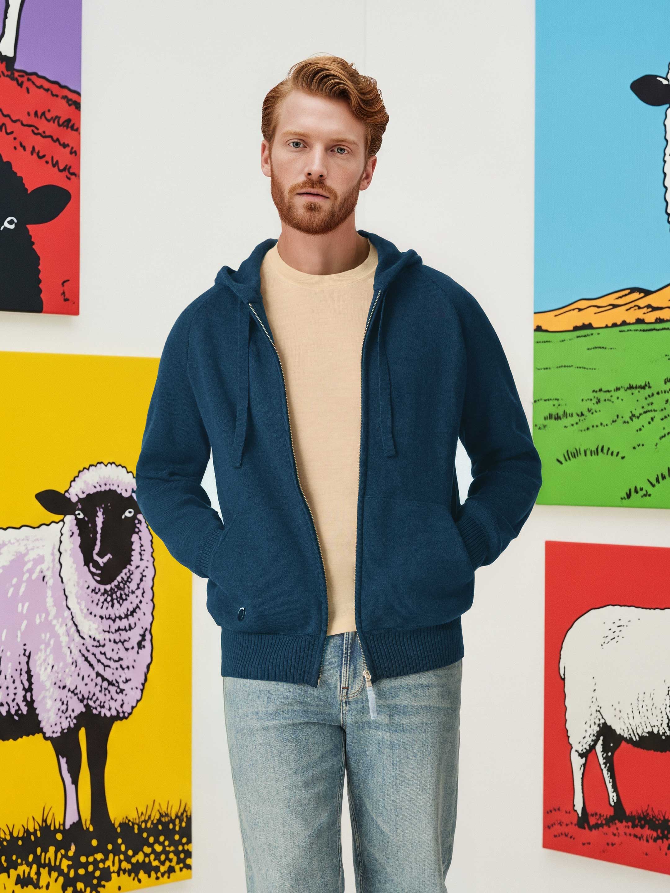 Black And Blue Cow Print Men's Zip Up Hoodie