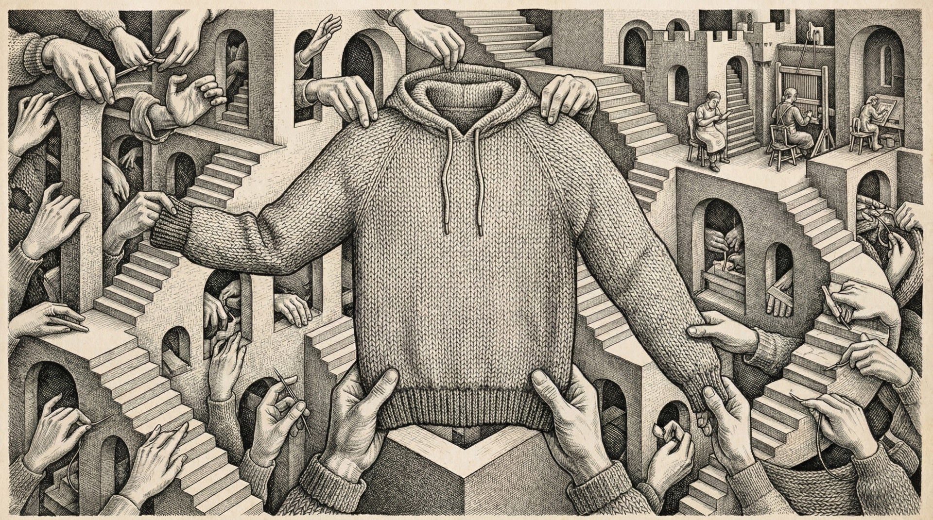Escher-style linocut of a sweater held aloft by many hands