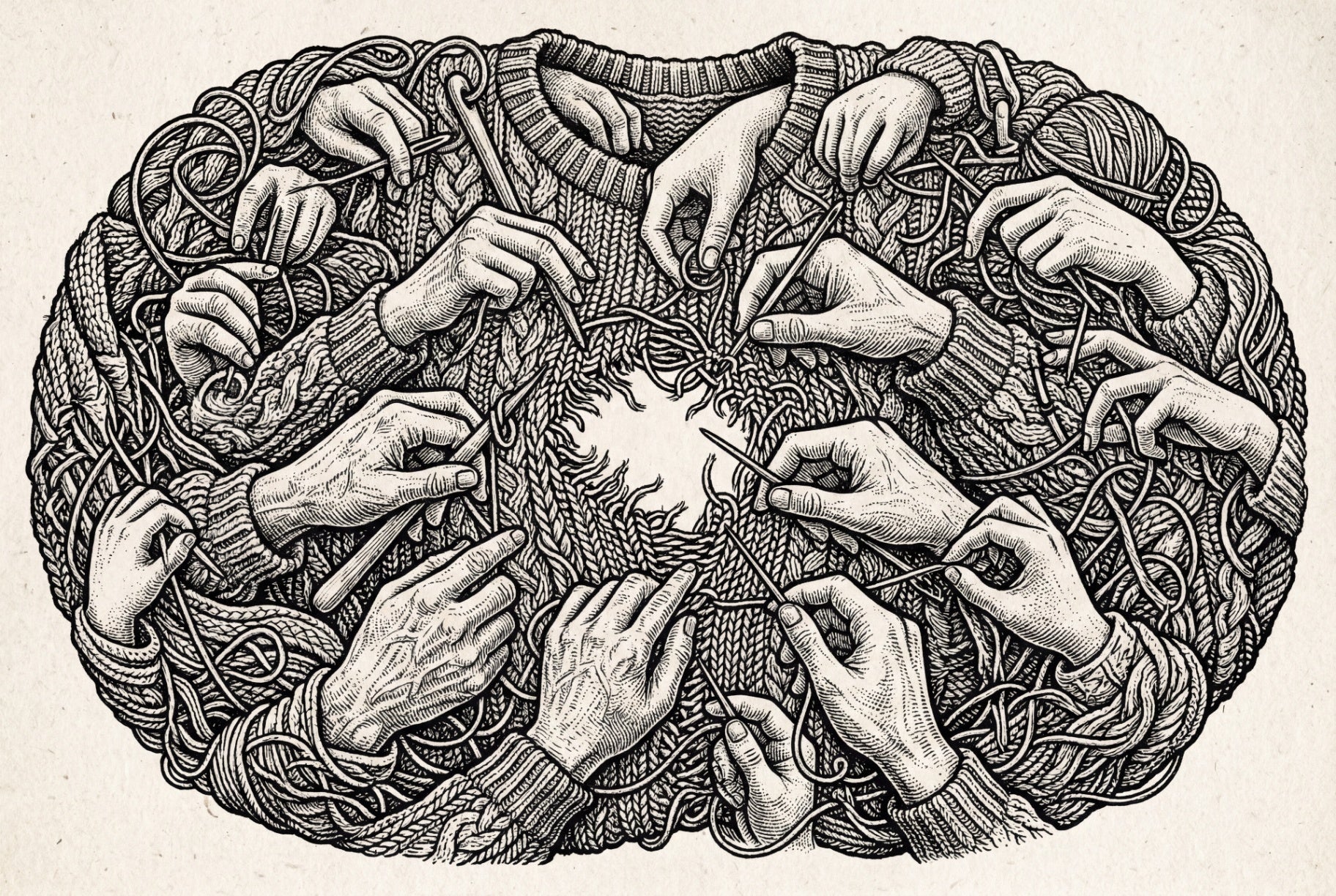 MC Escher-style linocut illustration of hands knitting in a circle