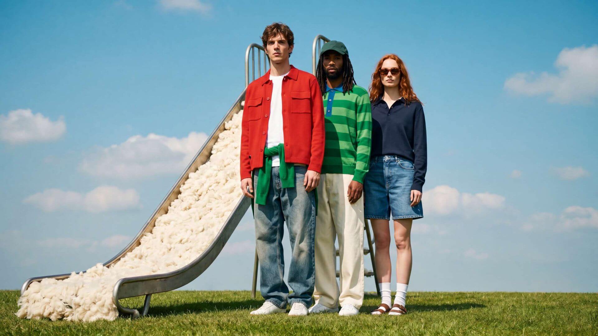 Three models standing before a wool-filled slide in a sunlit field