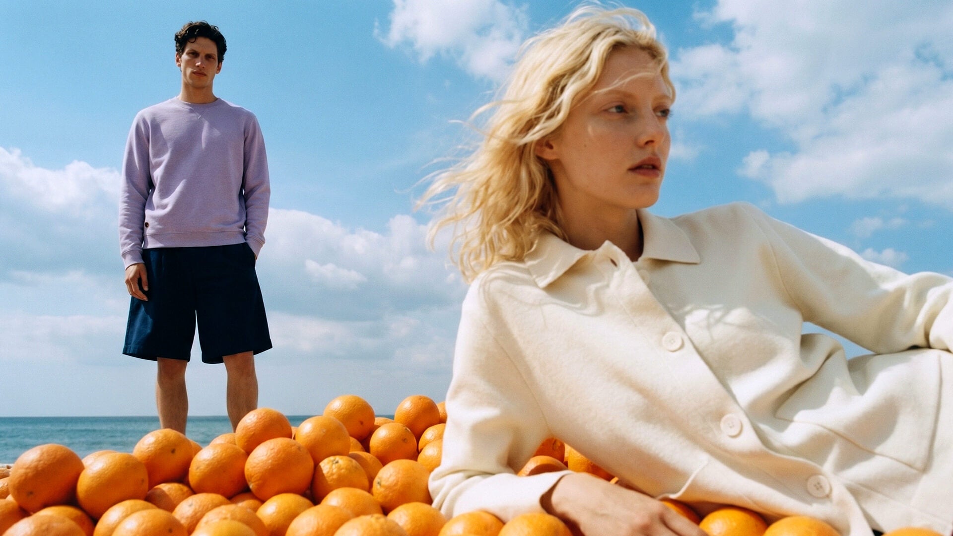 Model wearing Sheep Inc. knitwear in a sunlit landscape