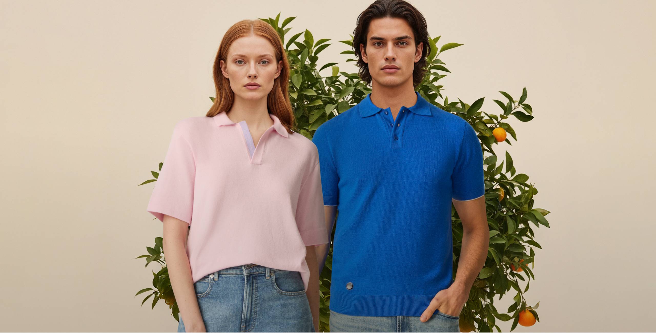 A female model wearing The Knitted Polo shirt in candyfloss pink and a male model wearing The Pique Polo in cobalt blue.