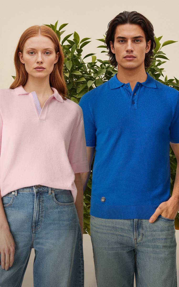 A female model wearing The Knitted Polo shirt in candyfloss pink and a male model wearing The Pique Polo in cobalt blue.