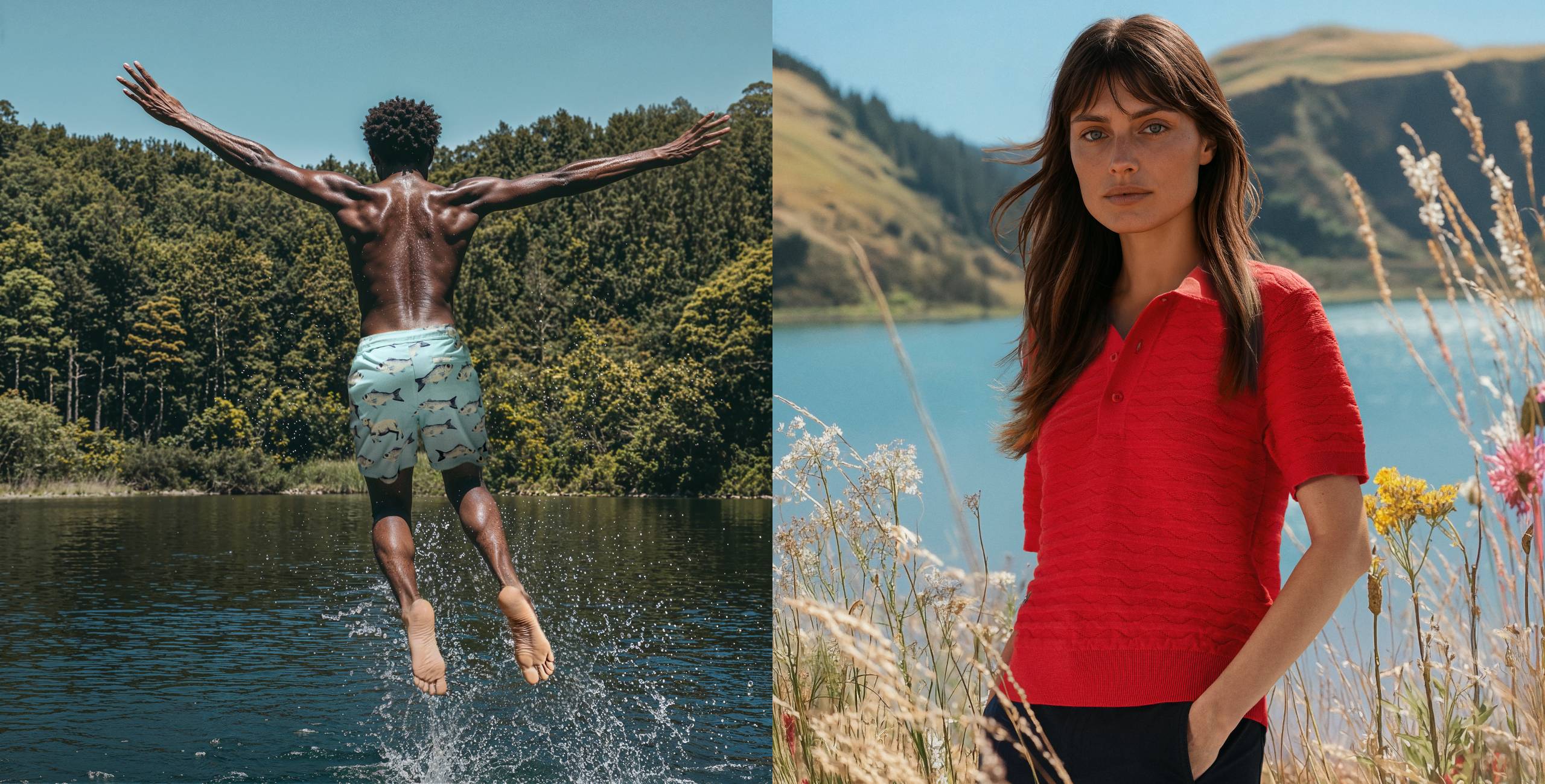 A male model wearing merino swim shorts jumping in to a lake. A female model wearing the Wave Polo Shirt.