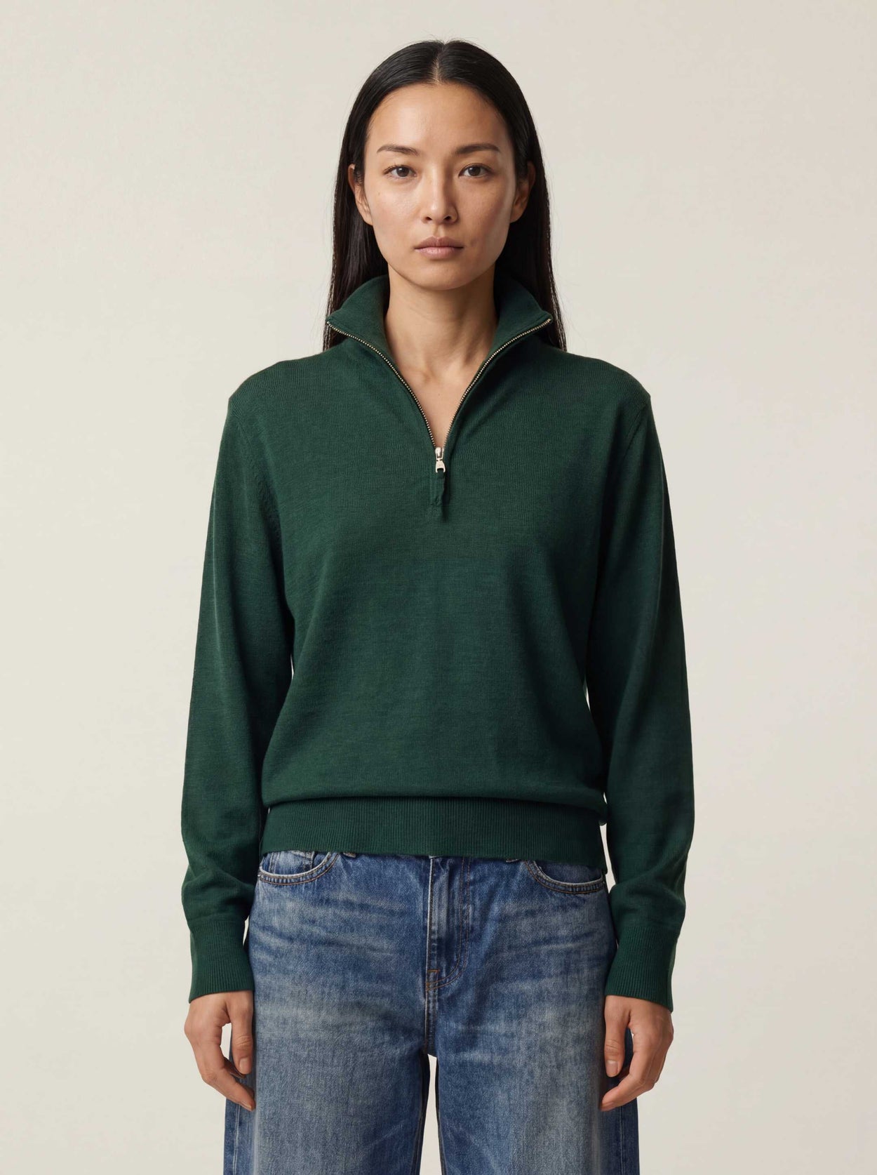 The Knitted Quarter Zip Emerald Green Female Image