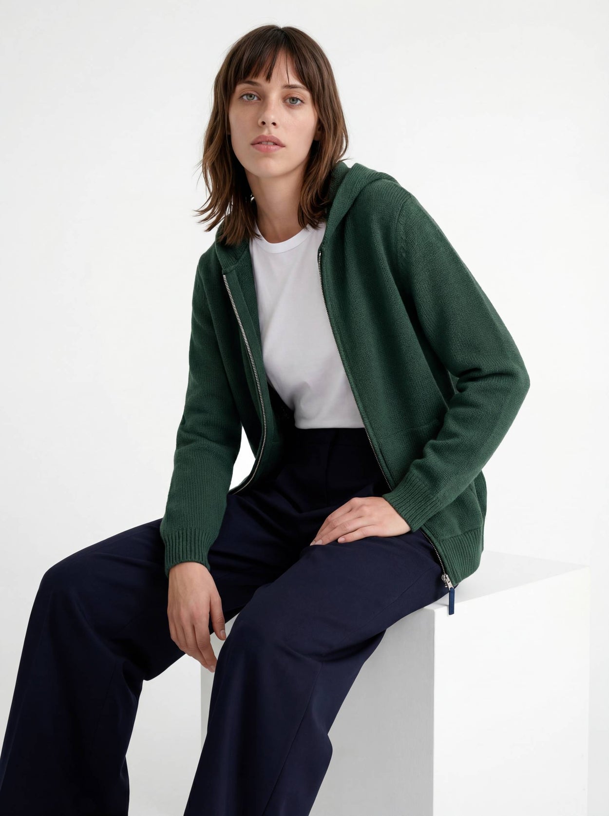 The Chunky Knit Zip Hoodie Emerald Green Female Image