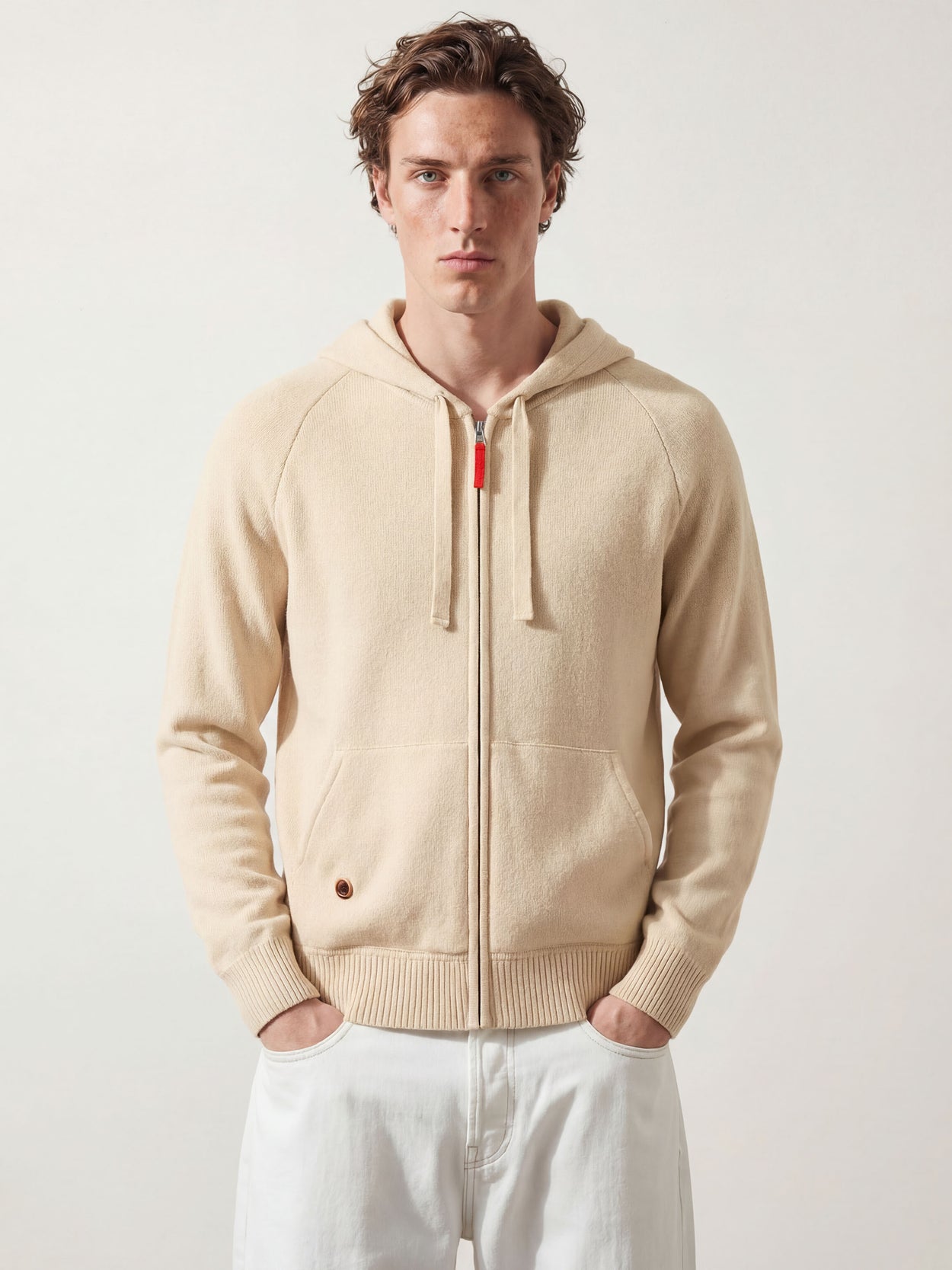 The Knitted Zip Hoodie Almond White Male Image