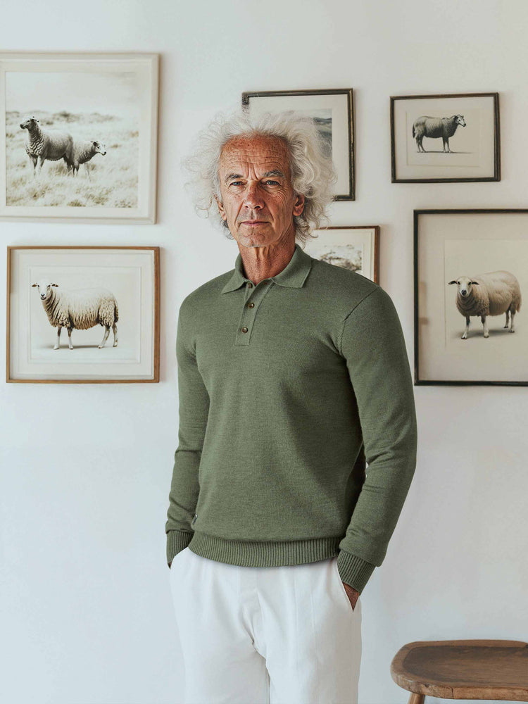 The Long Sleeve Knitted Polo Moss Green Image