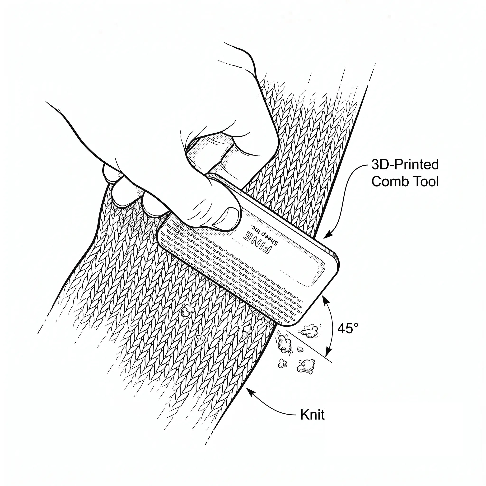 3D-printed comb tool held at 45 degrees, sweeping surface pills off a sleeve panel
