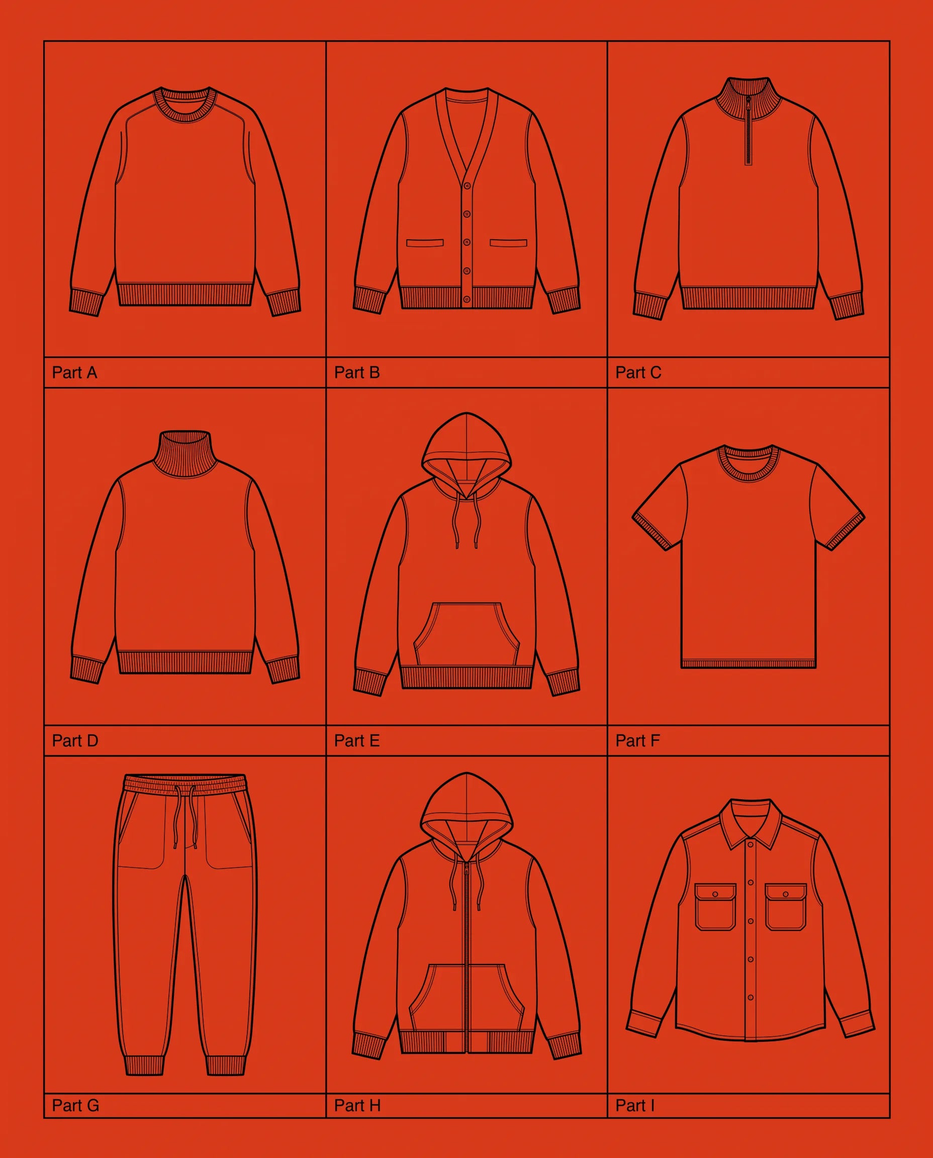 Technical diagram of the 100% Merino wool crewneck showing reinforced neck seam, chassis, fibre matrix and cuff ribbing