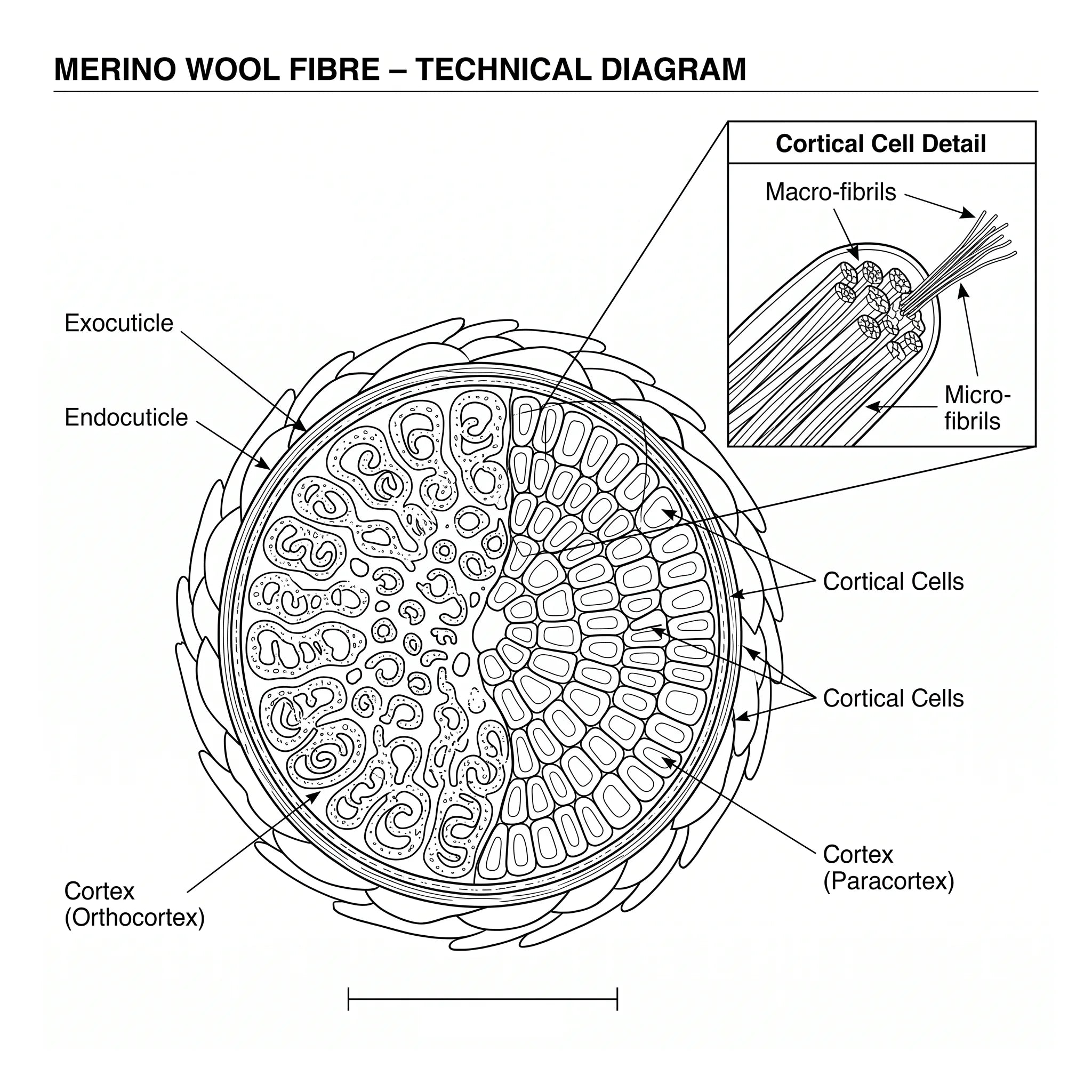Merino fibre cross-section showing the core and natural lanolin protective coating