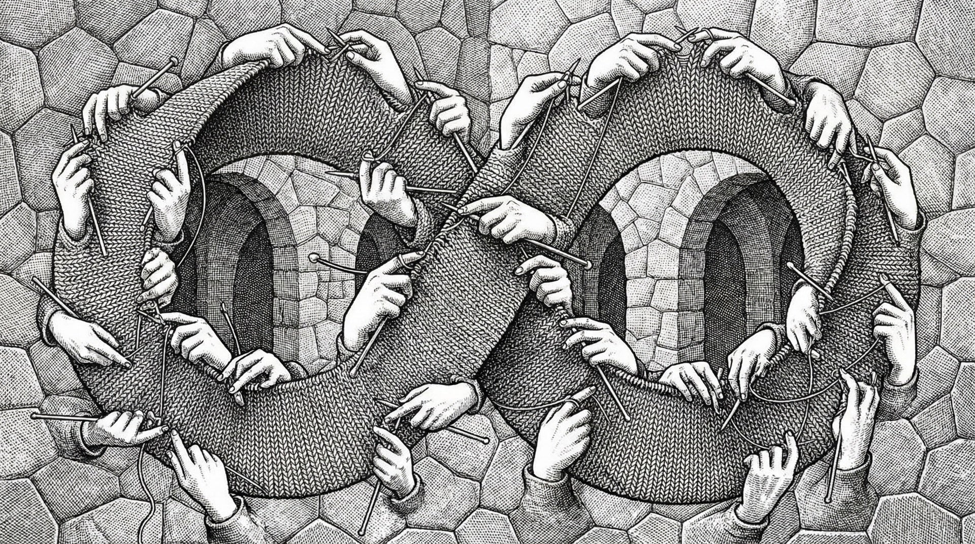 Escher-style linocut of hands working with knitted wool through impossible staircases