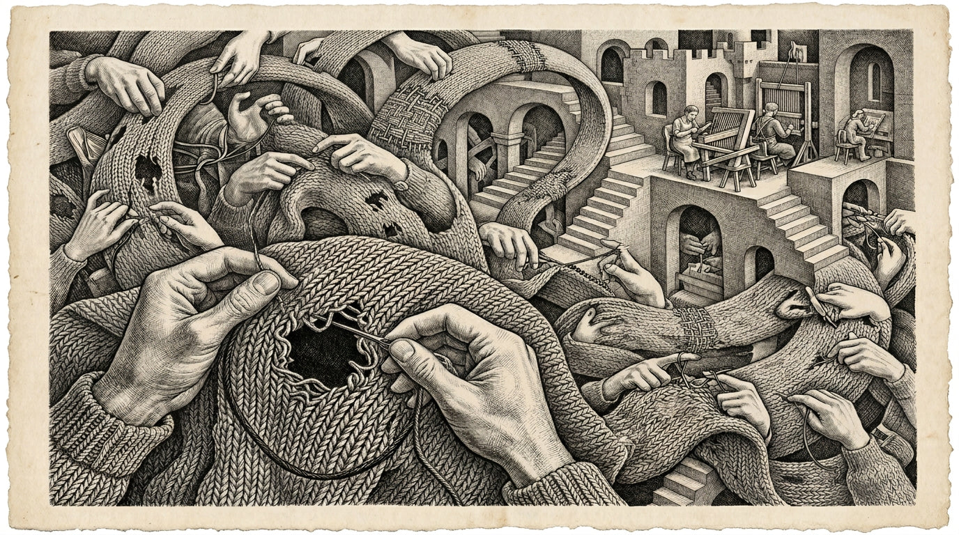 Escher-style linocut of hands repairing knitted fabric in impossible architecture