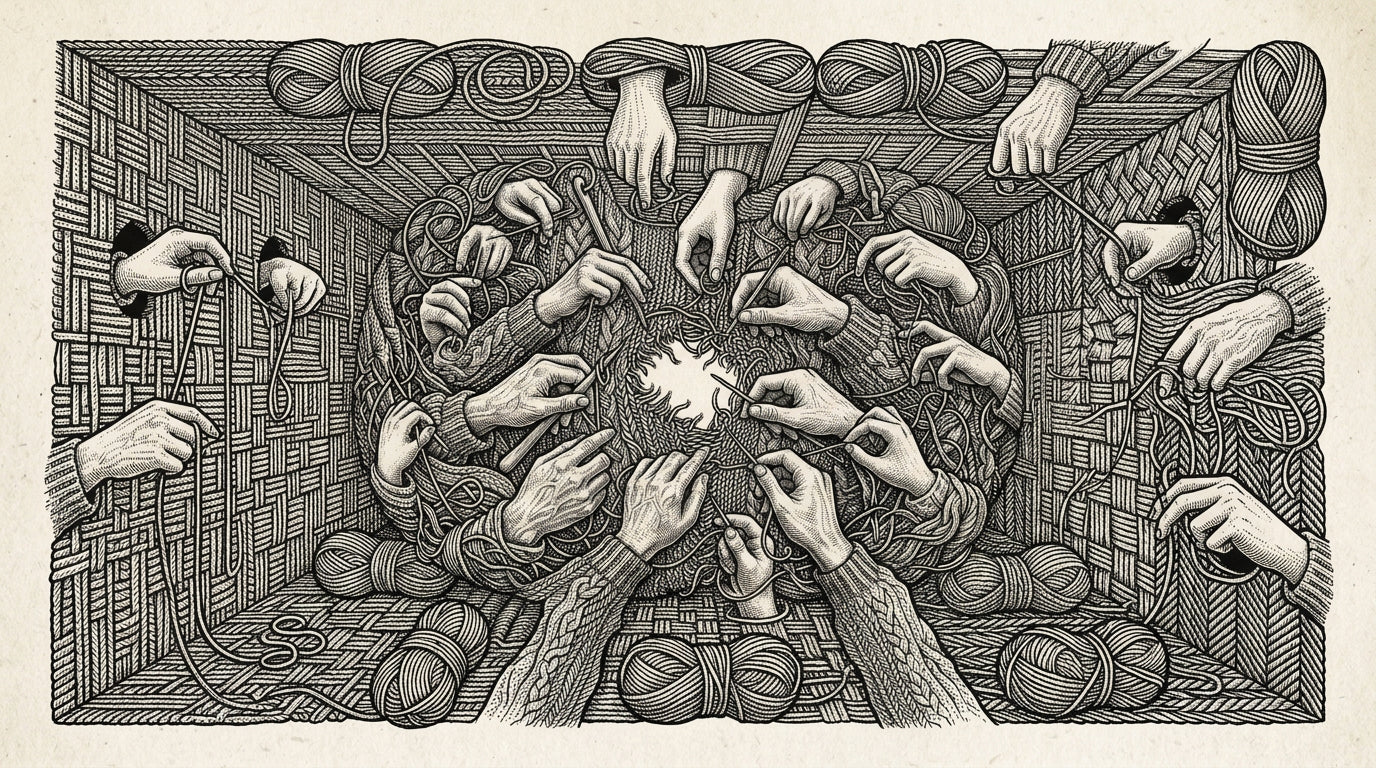 Escher-style linocut of hands pulling yarn through impossible tessellated space