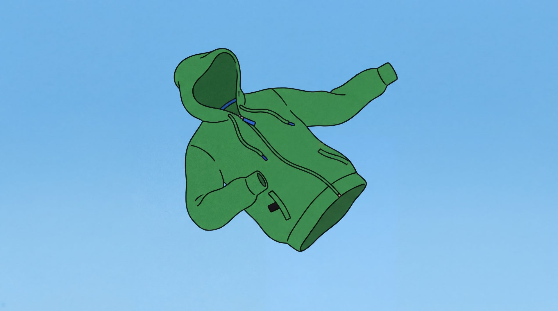 Green merino hoodie floating against blue sky