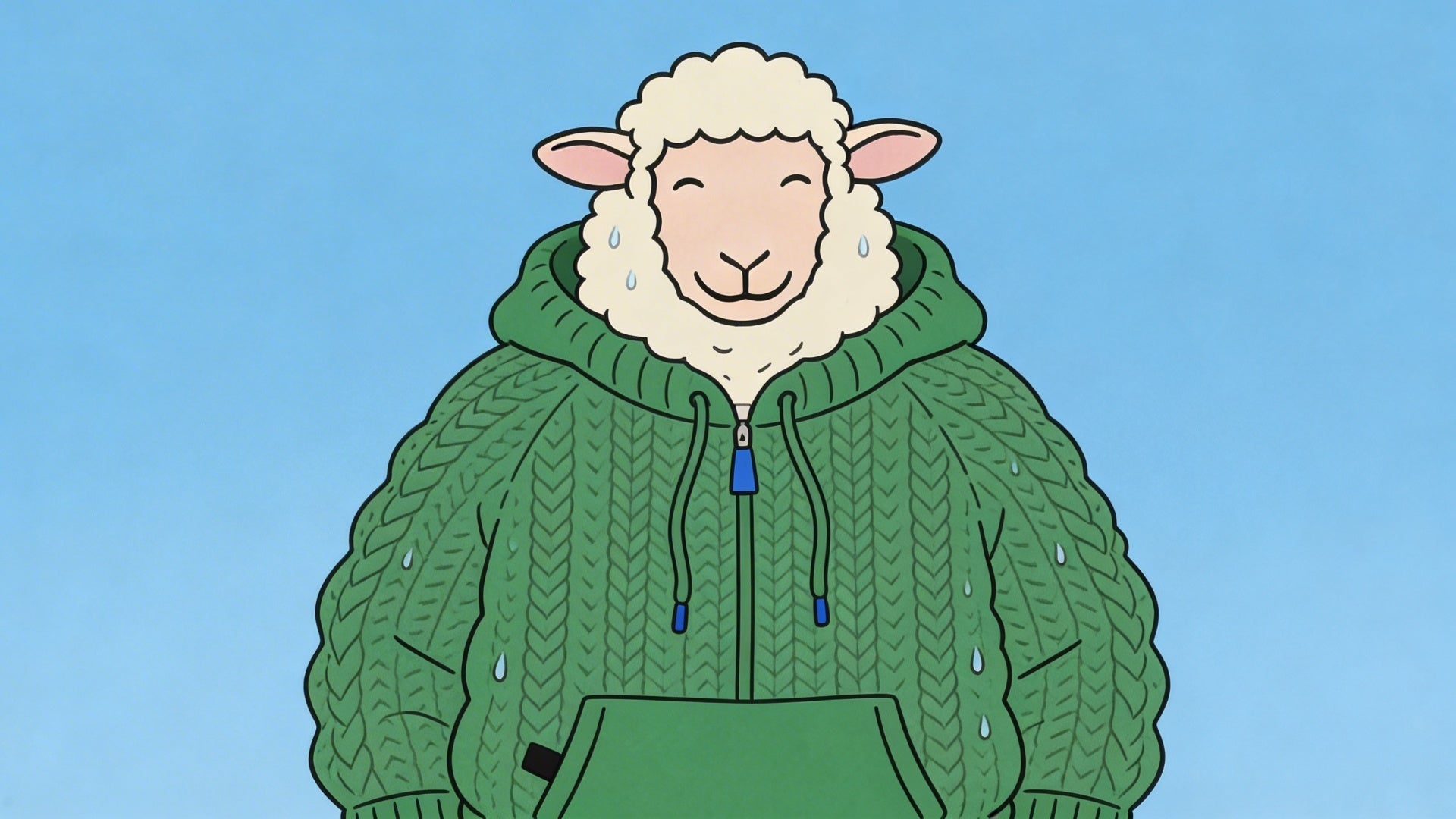 Sheep wearing a chunky green merino hoodie