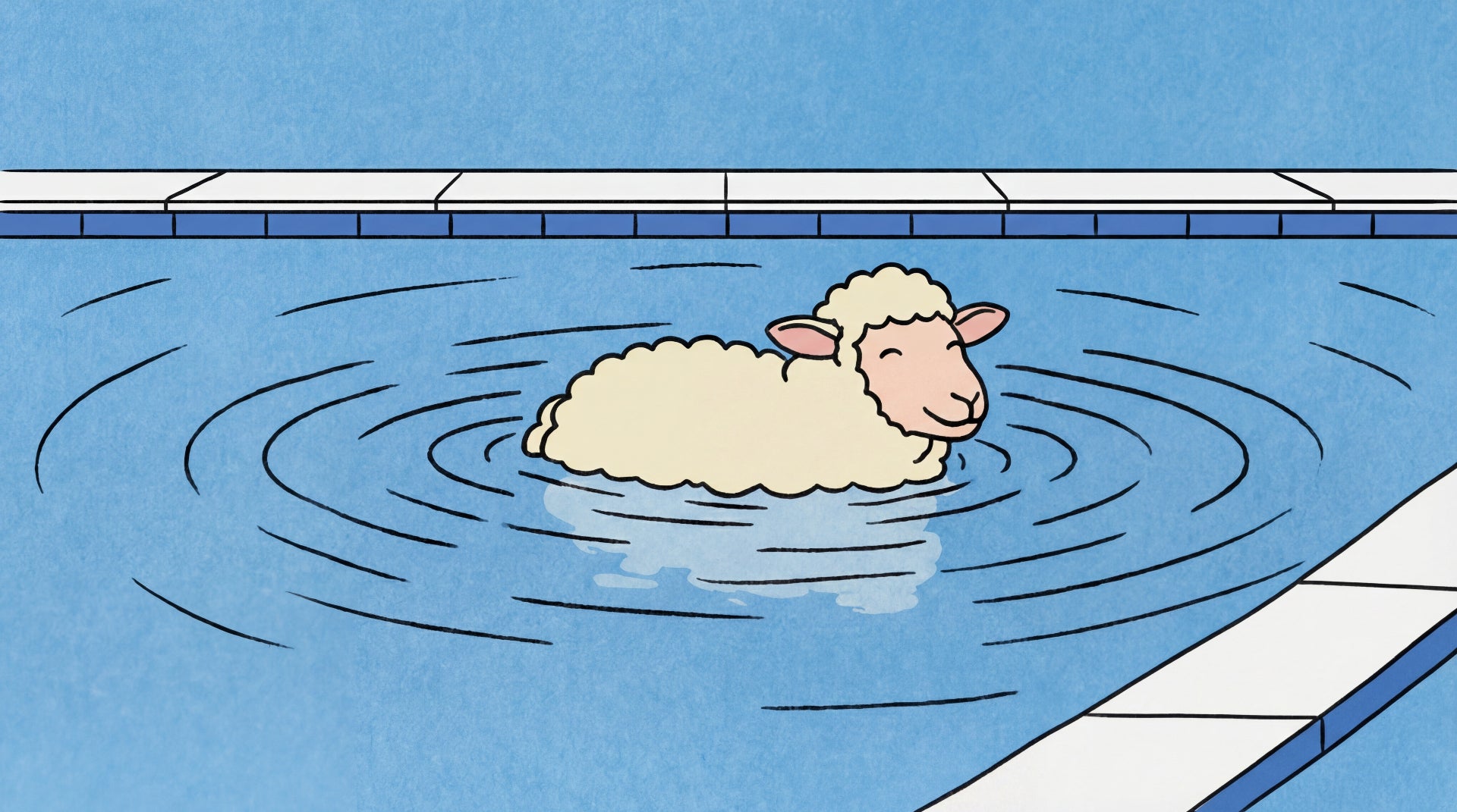 Sheep floating contentedly in a swimming pool