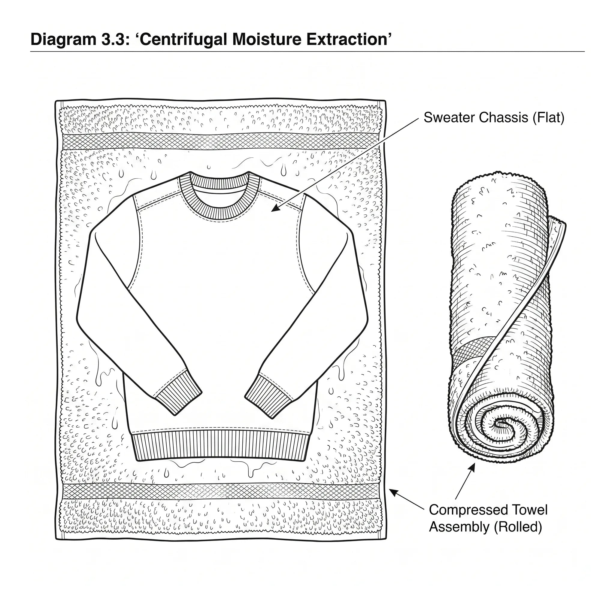 Centrifugal moisture extraction — sweater laid flat on a textured absorbent towel, then rolled to press out water