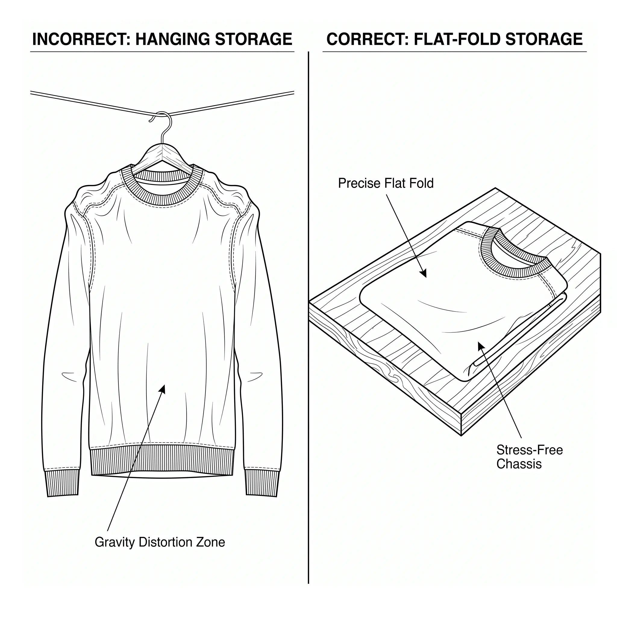 Knitwear storage methods comparison — incorrect hanging causes gravity distortion; correct flat-folded storage preserves the chassis